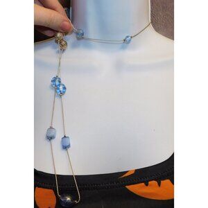 Blue Glass Station Necklace On Silver Tone Chain